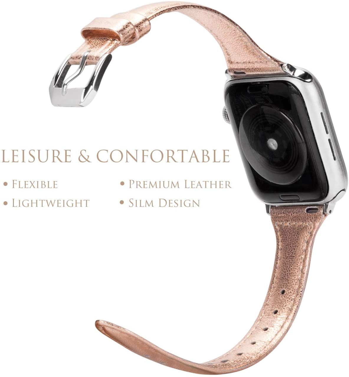 Women\'s Spark’l Leather Apple Watch Band with Rose Gold Accent Brown Grain Leather Apple Watch Band: Rose Gold Accent  main image 4