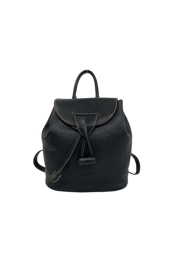 Pre-Owned LOEWE Vintage Logo Leather Turnlock Drawstring Backpack Daypack Black 11546