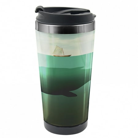 

Fantasy Travel Mug Giant Whale Sailboat Steel Thermal Cup 16 oz by Ambesonne
