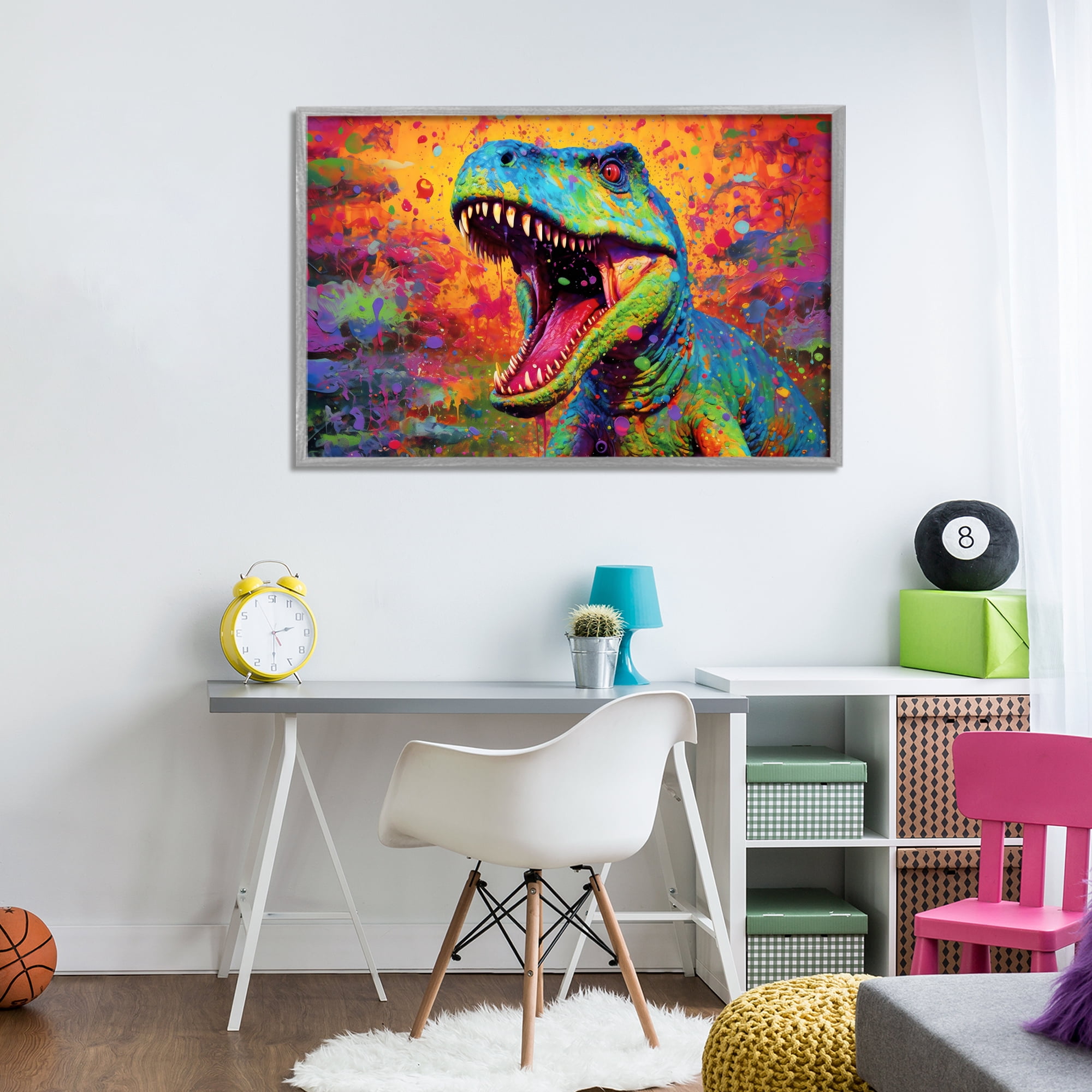 Stupell Industries Colorful T-Rex with Splatter Gray Framed Giclee Art, design by Creative Studio