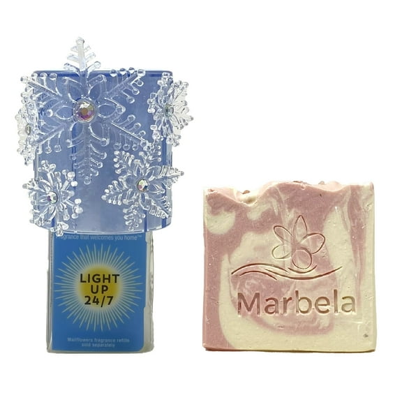 Bath & Body Works Snowflakes On Cuff Nightlight Wallflowers Fragrance Plug With a Himalayan Salts Springs Sample Soap.