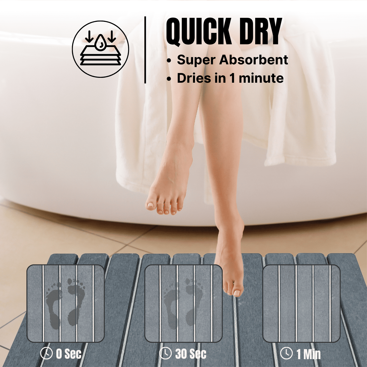 Easymora Foldable Stone Bath Mat – Large 24"x16" Diatomaceous Earth Quick Dry Non-Slip Shower Mat, Super Absorbent & Easy Clean, Dark Gray