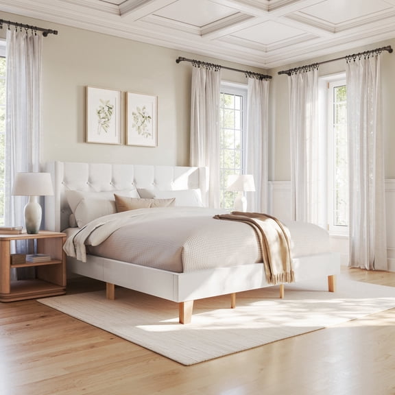 Martha Stewart King Upholstered Platform Bed with Tufted Wingback Headboard and Cushioned Siderails, Wood Slat Foundation, No Box Spring Needed, White