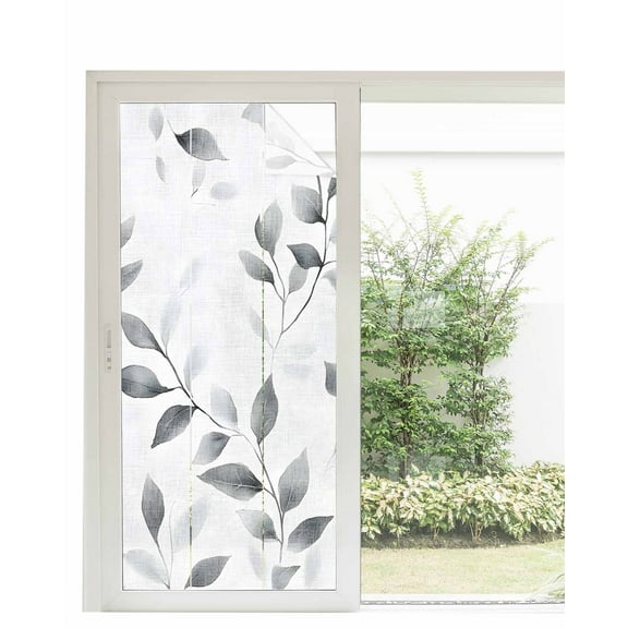 Window Privacy Film Gray Leaves Stained Glass Window Film Decorative Sun Block Window Cover Spring Rustic Branches Botanical Window Clings Static Adhesive Sticker for Bathroom 35.4"x78.7"