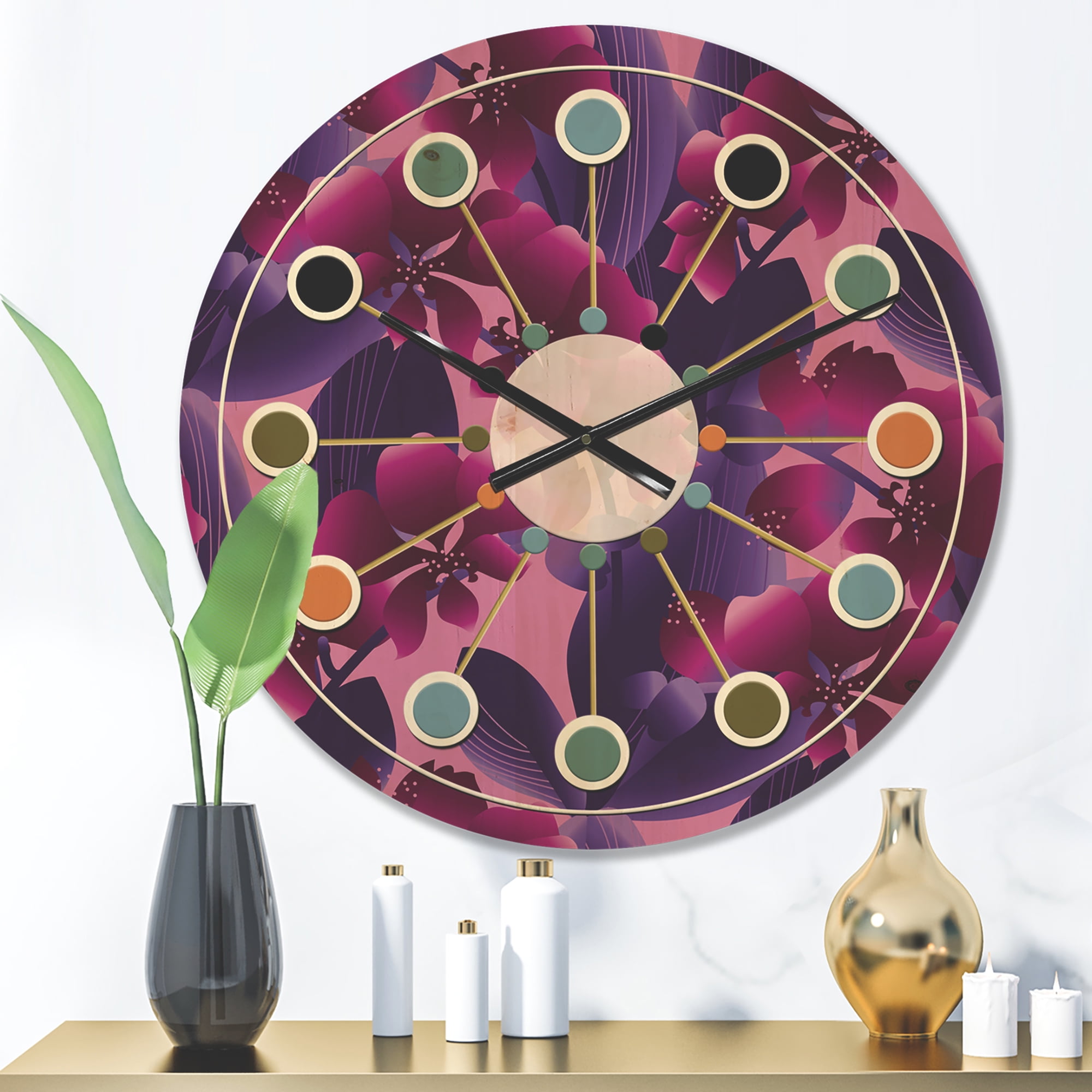 Designart 'Purple Orchid blossom colorful pattern' Mid-Century Modern Wood Wall Clock