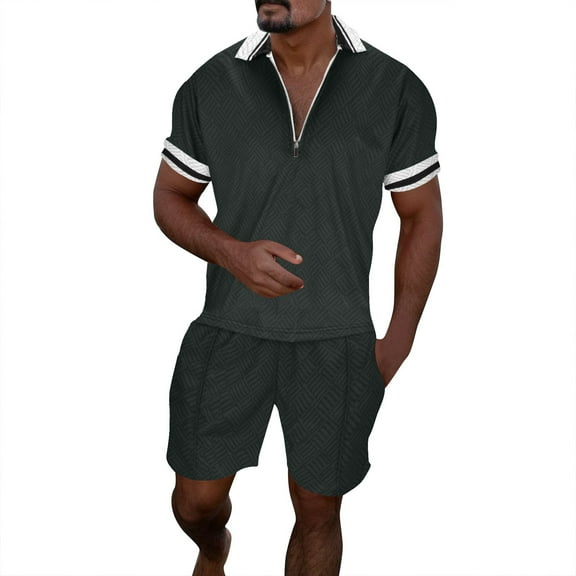 Men's Casual Striped Print Shirt Two Piece Suit with Zipper Short Sleeve Top and Drawstring Pocket Short Set Comfortable Stylish Outfit Men's Tops T-Shirt Casual Crew Neck Loose