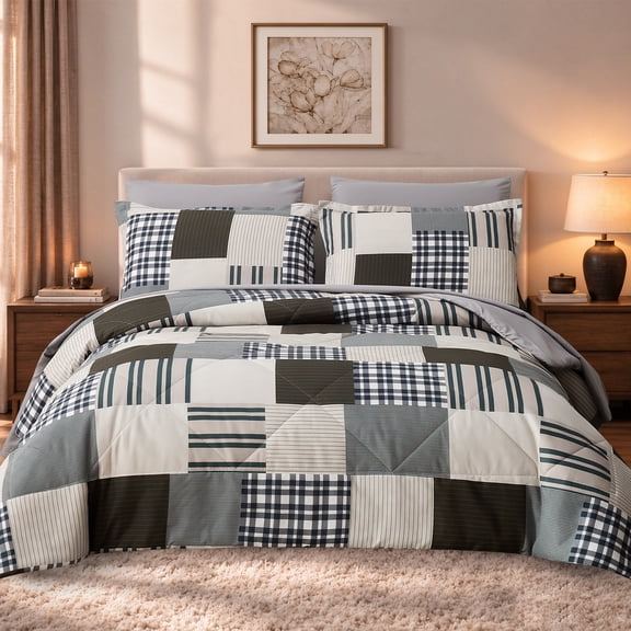 Beartech Queen Size 7 Piece Bed in a Bag, Plaid Patchwork Comforter Set with Solid Bed Sheets, Soft Winter Bedding Set for Bedroom Decor,Coffee Blue