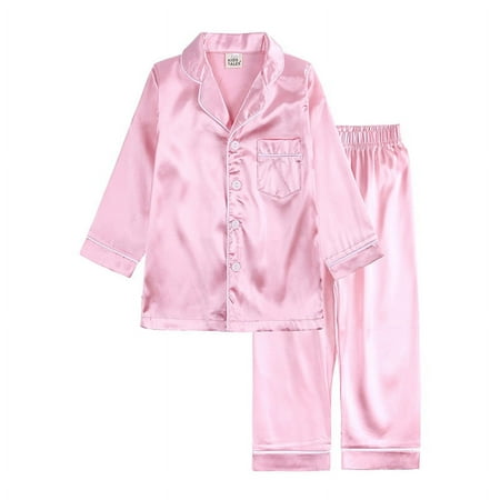 

Godderr Kids Toddler Boys Classic Satin Pajamas Set 9M-13T Button-Down Nightwear 2 Piece Baby Girls Long Sleeve Sleepwear Solid Color Satin Pajamas Tops+pants