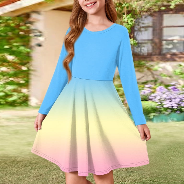 Abcomgle Girl's Fall Casual Dress Casual A-Line Long Sleeve Tshirt Dress  Gradient Crew Neck Girls Skater Dress Swing Holiday Dresses for 4-14t Kids  7-8 Years,Light Blue - Walmart.com