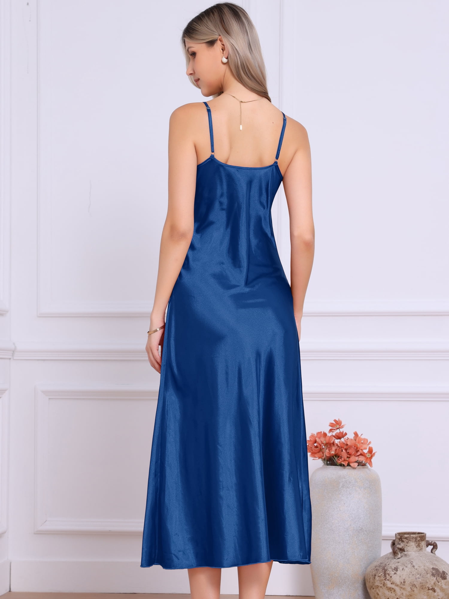 DARING DIVA Satin V Neck Spaghetti Strap Silky Maxi Dress M Royal Blue