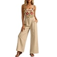 thumbnail image 3 of Women's Boho Jumpsuit Embroidered Floral Romper Square Neck Sleeveless Wide Leg Jumpsuit with Pockets Casual Linen Blend Outfit for Women, Beige, L, 3 of 8