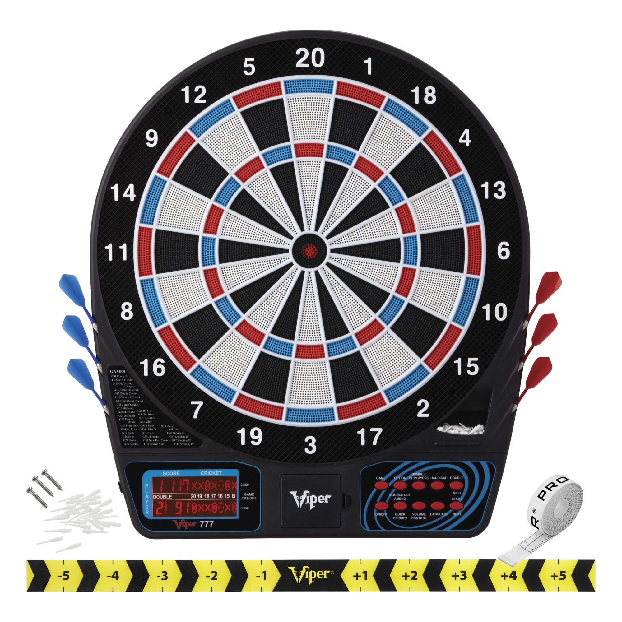 Viper 777 Electronic Dartboard, "The Bull Starts Here" Throw Line, Sure Grip Black Soft Tip Darts, Dart Tip Remover Tool & Tufflex II Black Dart Tips