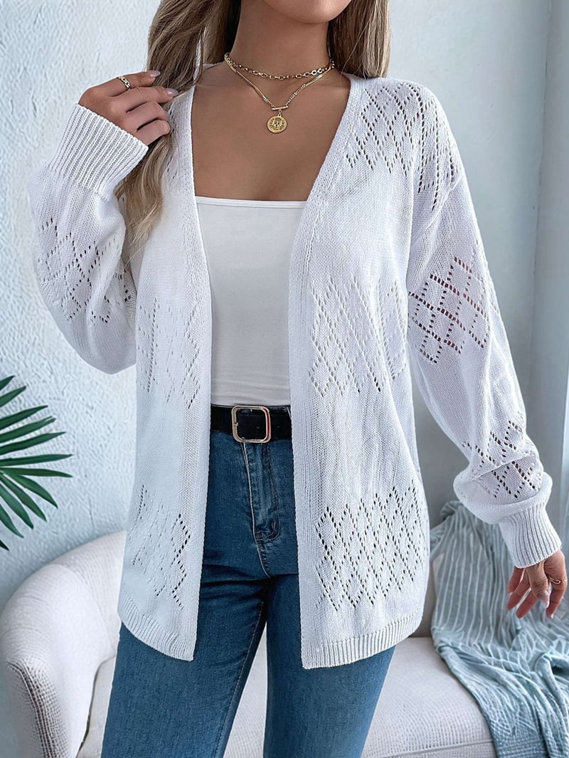 Womens Summer Crochet Cardigan Long Sleeve Light-Weight Casual Knit Sweaters White M