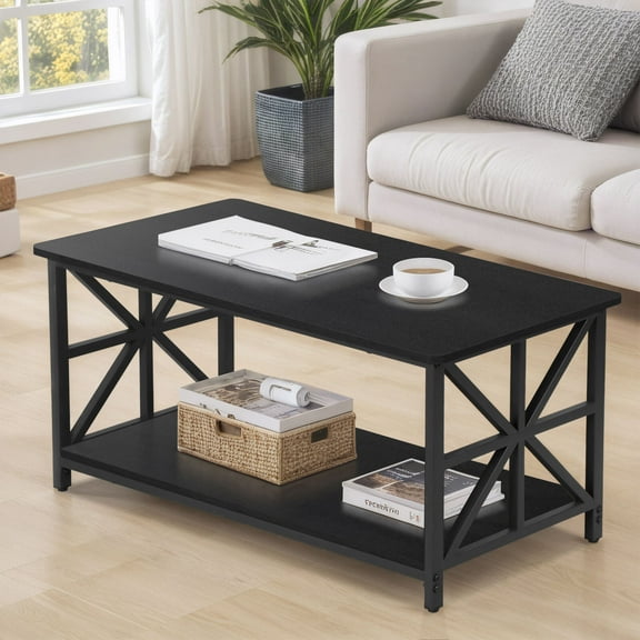 HYJY Farmhouse Style Coffee Table Rectangular Space Saving w/ Storage Shelf Black 39"