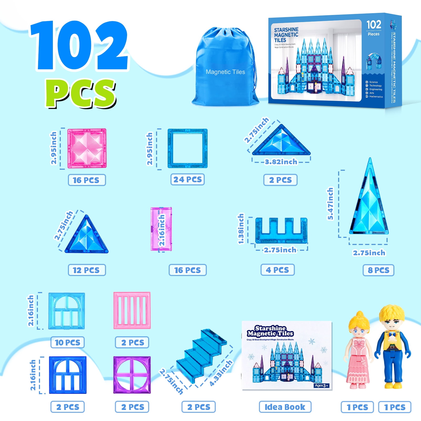 FunMagic 102pcs Magnetic Tiles - 3D Diamond Building Blocks for Pretend Play, Magnetic Toys Birthday Gifts for Your Kids