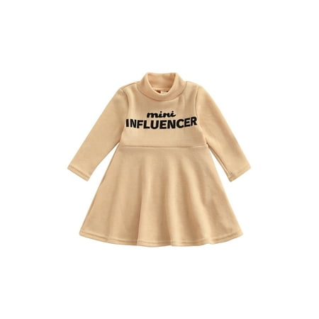 

Canrulo Autumn Kids Girls Dress Letter Printed Knit Long Sleeve Turtleneck A-Line Knee Length Dress Apricot 4-5 Years