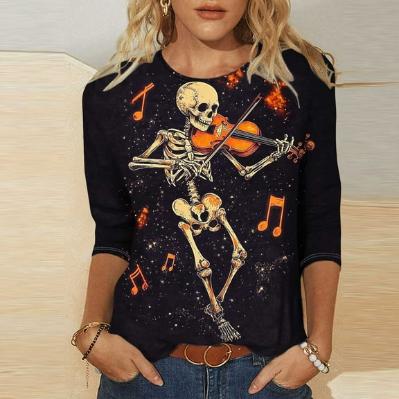 VKOYWKM 3/4 Sleeve Tops for Women Halloween Shirts Fall Tops Halloween Skeleton Print T Shirts Loose Fit Crew Neck Three Quarter Length Blouse Tunic Tops