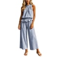 thumbnail image 2 of KIHOUT Women 2 Piece Outfits Halter Neck Sleeveless Ruffled Top and High Waisted Wide Leg Pants Set Gingham Print Casual Summer Lounge Wear with Pockets, 2 of 6
