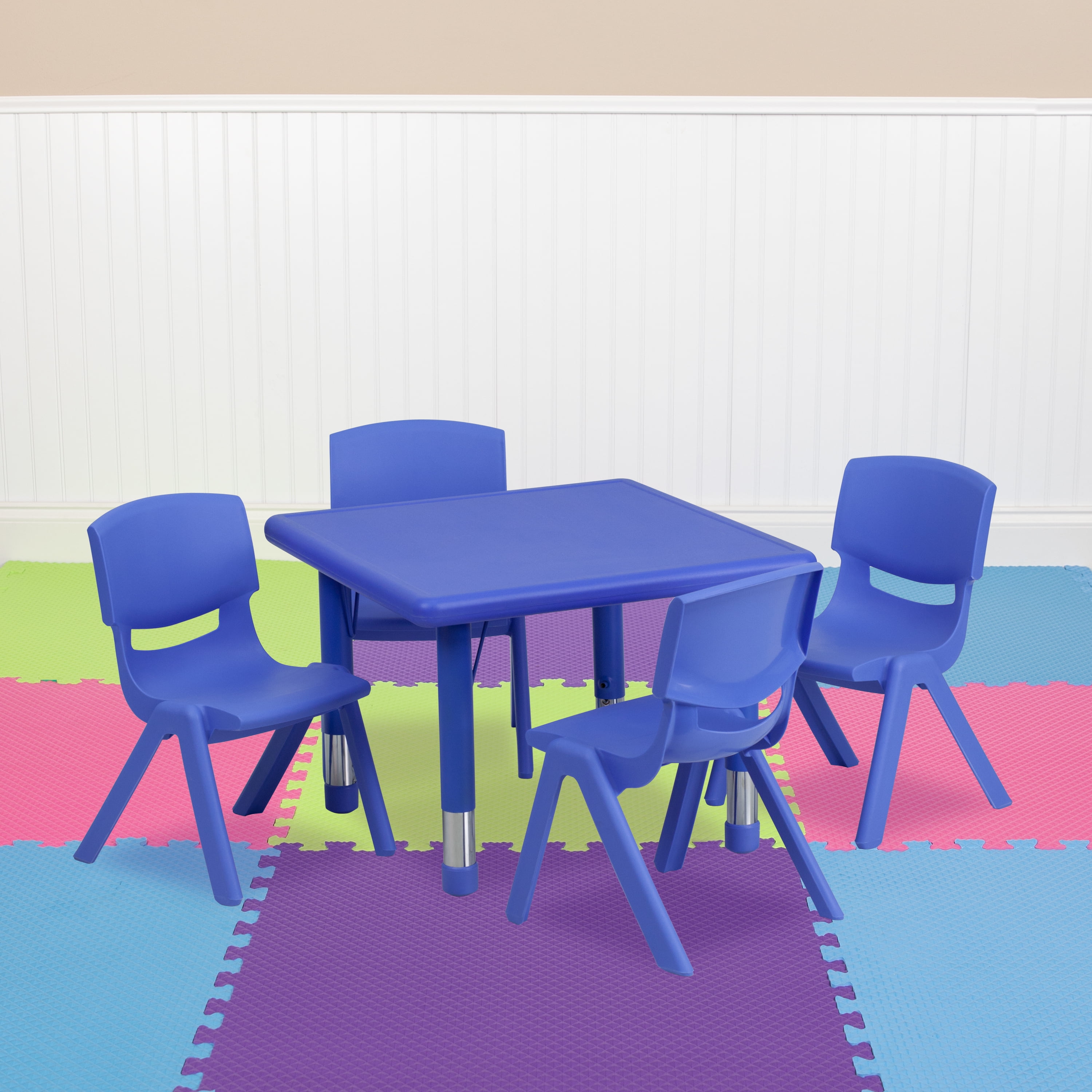 ... 45'' Round Blue Plastic Height Adjustable Activity Table Set with 4 Chairs 