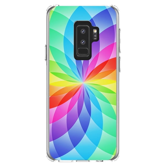 DistinctInk Clear Shockproof Hybrid Case for Samsung Galaxy S9  PLUS (6.2" Screen) - TPU Bumper, Acrylic Back, Tempered Glass Screen Protector - Rainbow Star Geometric