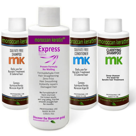Moroccan Keratin Express Smoothing Straightening Hair Treatment Formaldehyde-Free No-Wait Formula Instant Results 120mlx4 with Clarifying Shampoo, Sulfate-