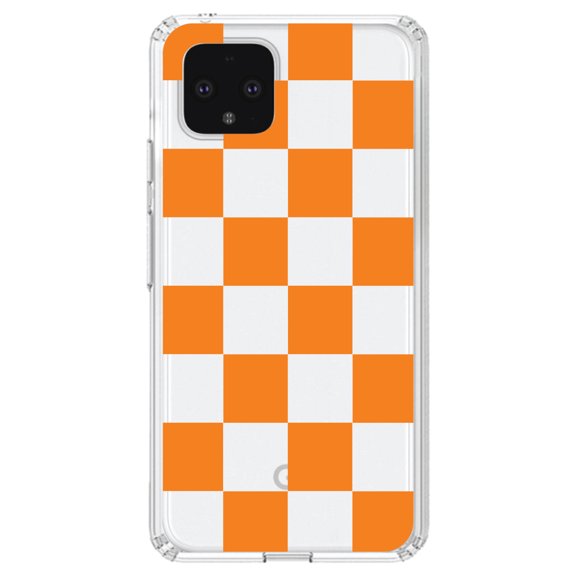 DistinctInk Clear Shockproof Hybrid Case for Google Pixel 4 XL (6.3" Screen) - TPU Bumper, Acrylic Back, Tempered Glass Screen Protector - Tennessee Checkerboard - Orange, Clear