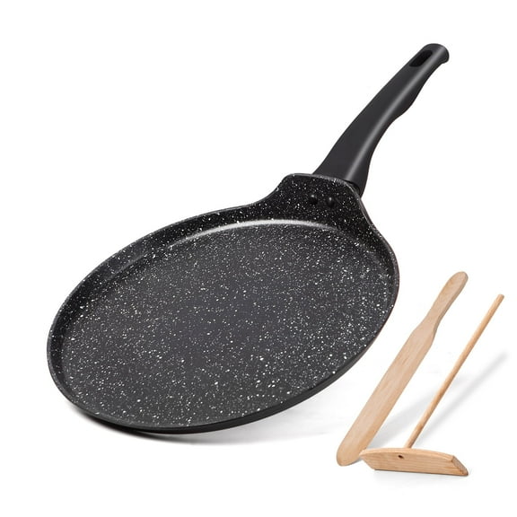 Crepe Pan Nonstick with Spreader & Spatula Kit, Clatine 11 inch Granite Stone Coating Flat Tortilla Skillet Tawa Dosa Pancake Pan , All Stove Tops Compatible, Black