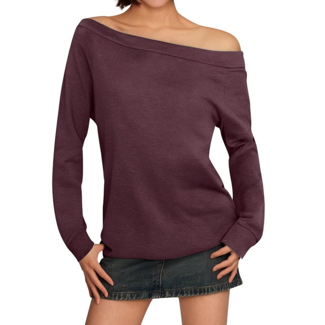Blusa de manga larga con hombros descubiertos para mujer - Camiseta informal de verano de color liso