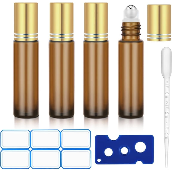 4 count 0.34 Oz (10ml) Essential Oil Roller Bottles, Glass | Refillable for Travel, Perfume, Leak-proof Roll- Bottles with Stainless Steel Roller Balls, Caps and Labels