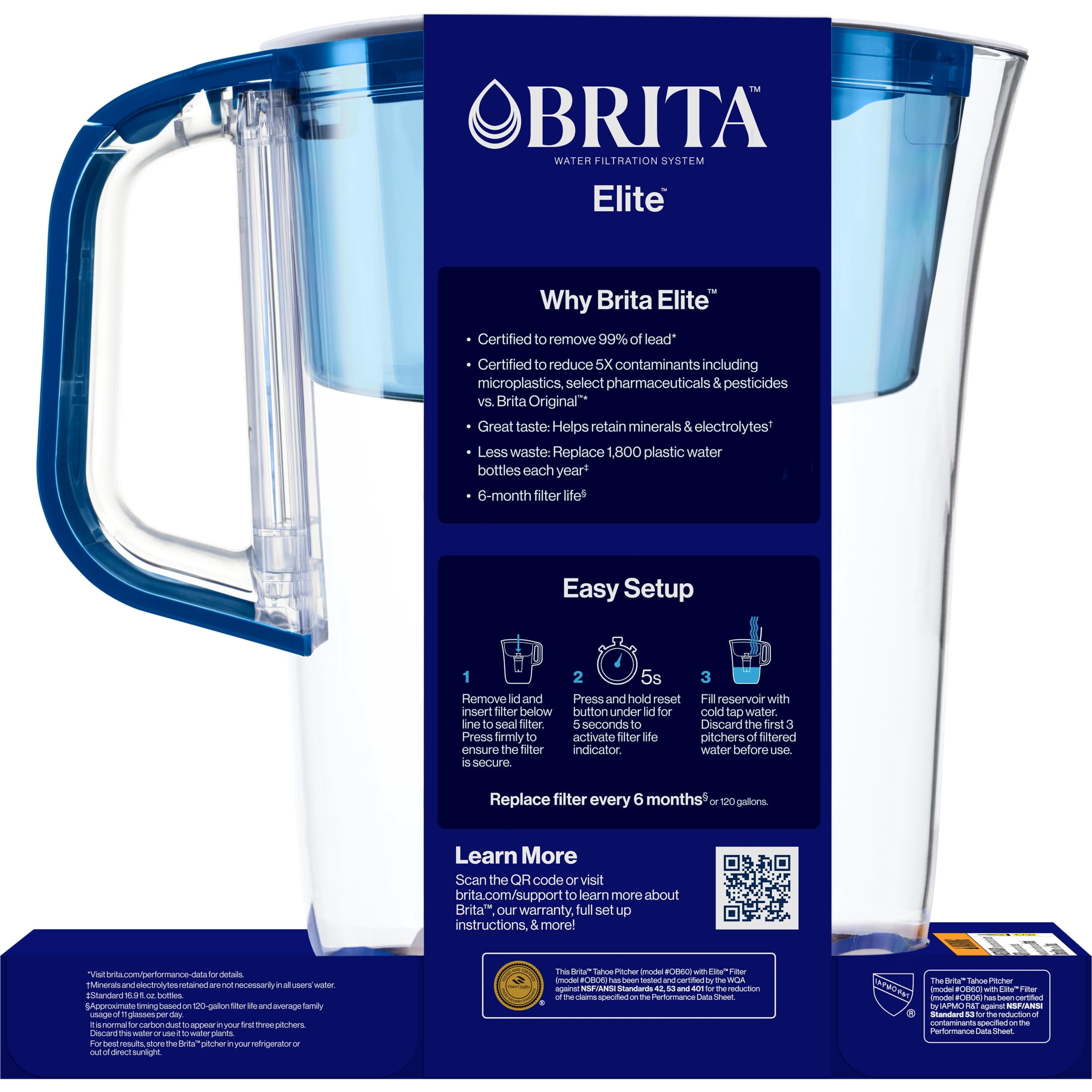 Brita 10 Cup Large Plastic Water Filter Pitcher, Blue, BPA Free with 1 Elite Brita Filter