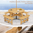 thumbnail image 6 of Eyisean 8 Person Circular Outdoor Wooden Picnic Table, Round Picnic Table with Umbrella Hole, 4 Built-in Benches, Outside Table and Bench Set for Patio, Backyard, Garden, 500lbs Capacity Per Bench, 6 of 18