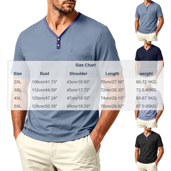 hotojiny Men's Henley Short Sleeve Shirt Stylish V Neck Lightweight Big and Tall T-Shirts Summer Basic Tee Shirt with Pocket(Navy,5X-Large)