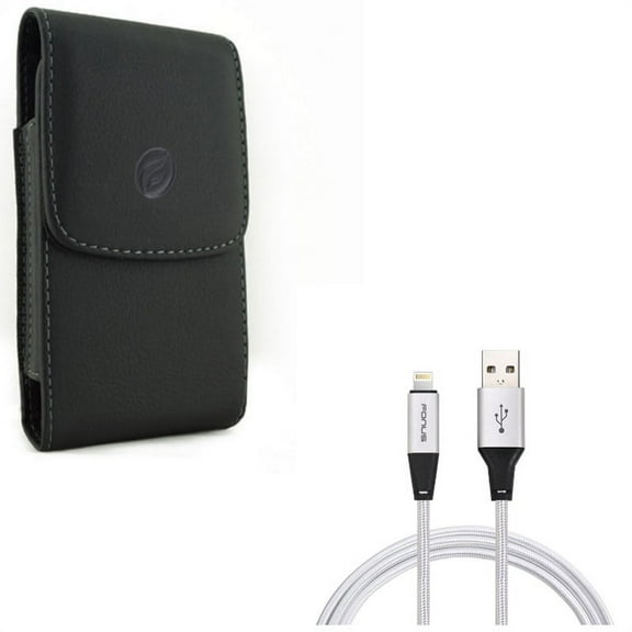 Charger Cord 6ft USB Cable w Leather Case Belt Clip for iPhone XS Max/8 PLUS/7 Plus/6S Plus/6 Plus - Power Wire Braided Long Sync and Holster Cover Pouch Vertical Carry