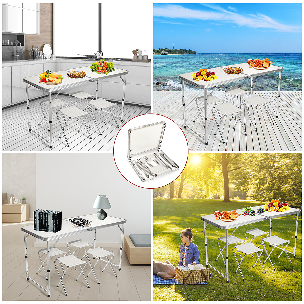 Folding Table 4ft Aluminum Camping Table Chair Set, Portable Picnic Card Table, Three Heights Adjustable Legs-47.24''x23.62'' - image 4 of 10