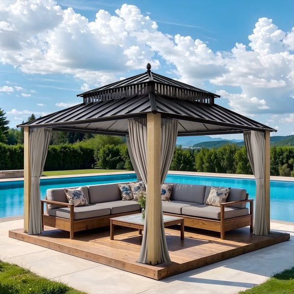 SUNJOY Kingston 12x12 Gazebo, Steel Hardtop Gazebo with Curtain and Netting - Cedar Posts