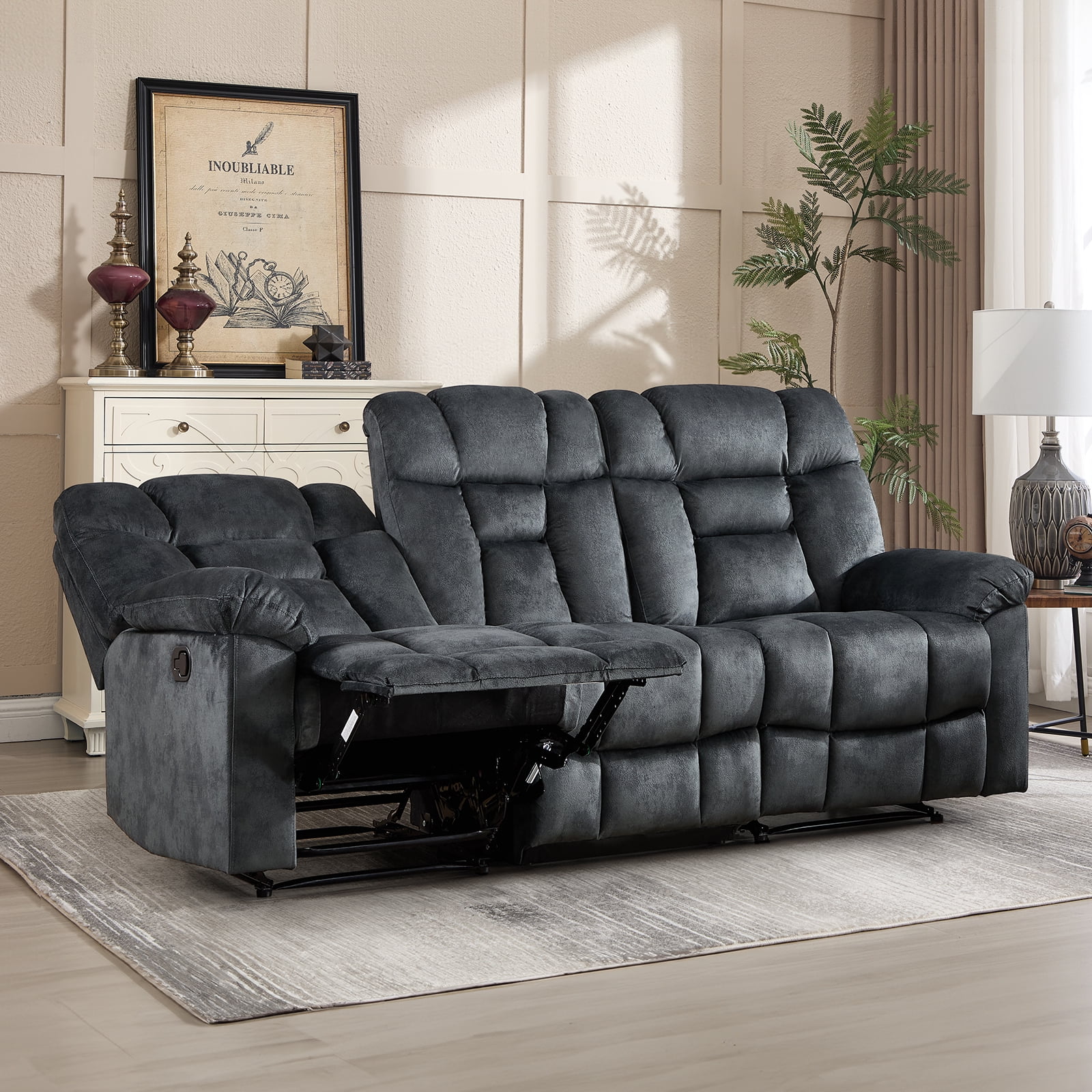Bonzy Home Manual 3-Seat Reclining Sofa — Wide Backrests & Headrests, Gray
