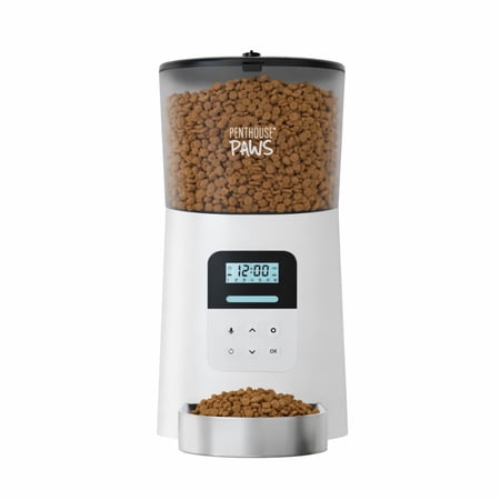 Penthouse Paws Automatic Cat Feeder with LCD Twist-Lock Storage Anti-Jam Voice Meal Call Battery Backup Stainless Steel Bowl Up to 15 Daily Meals Single Tray 6L for Cat & Dog White/ Stainless