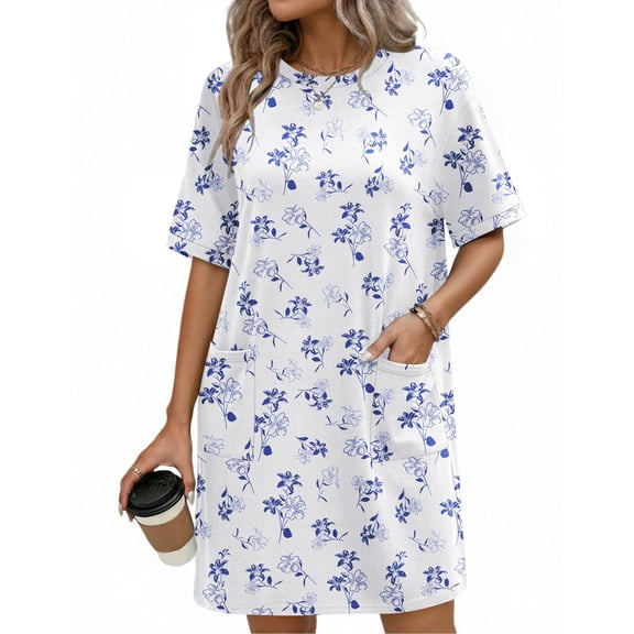 Ekouaer Cotton Nightgowns for Women Short Sleeve Sleep Shirts Crew Neck Night Dress Nightshirt with Pockets