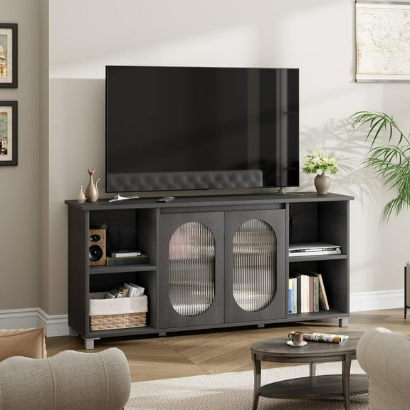 Retro TV Stand 70 Inch Entertainment Center with Corrugated Glass Cabinet Doors TV Stands with 4 Open Shelves and 2 Cabinets Rustic TV Table for Living Room - Black