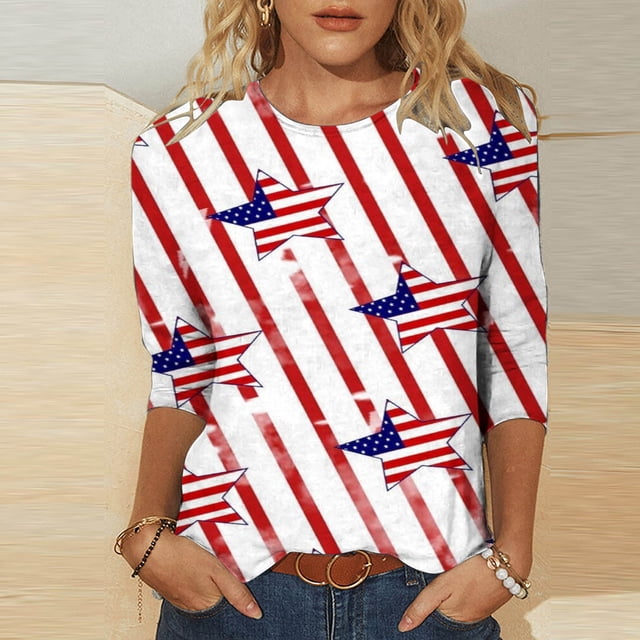 Hauts pour Femmes Été Mode Féminine Manches Trois-Quarts Col Rond Rétro Imprimé Indépendance Hauts Amples Blouse Manches Trois-Quarts Hauts Manches Trois-Quarts pour Femmes en Solde