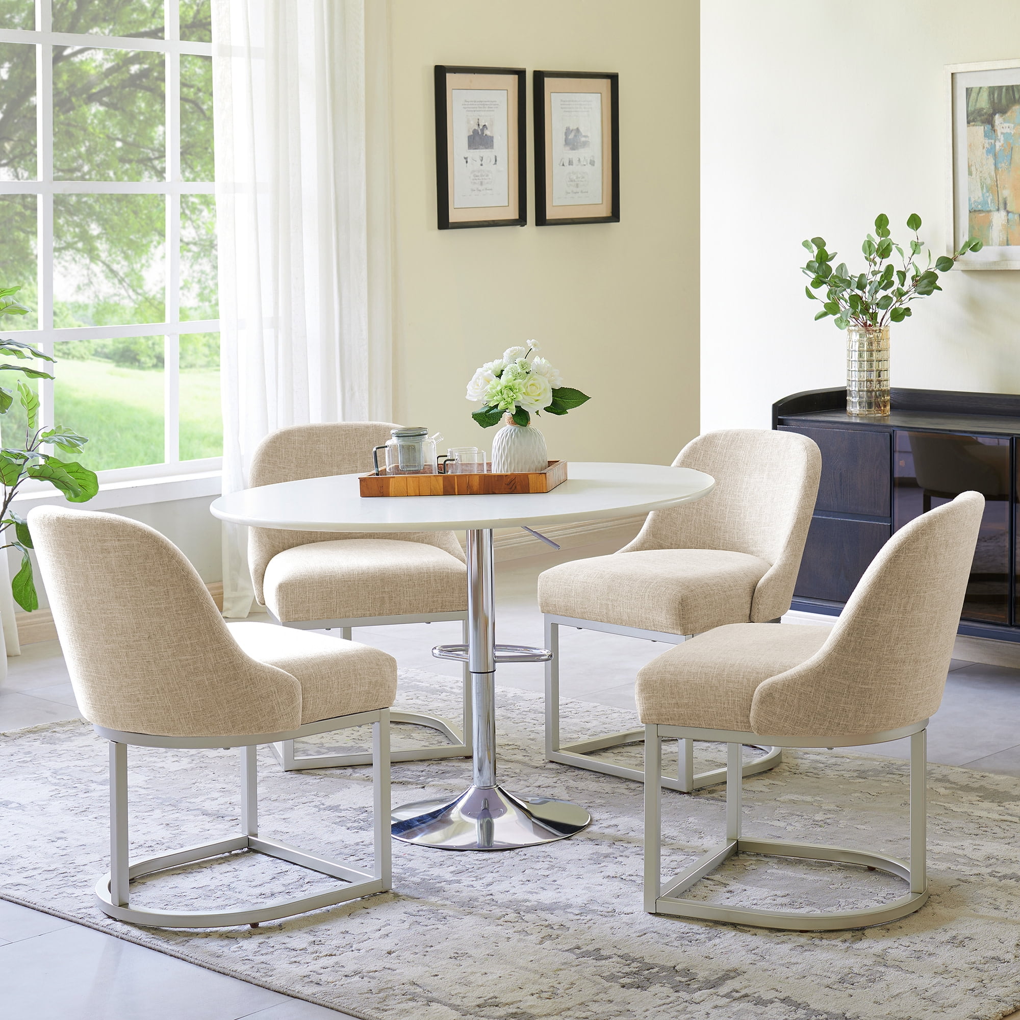 Upholstered Barrelback Dining Chair with Pewter Metal Base, Modern Oatmeal Linen, Set of 2