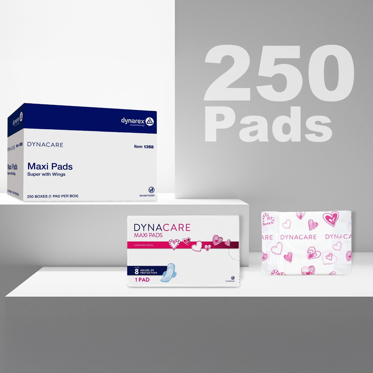 Dynarex Super Maxi Pads with Wings, Sanitary Feminine Pads, Unscented, High Absorbency, 250 Count