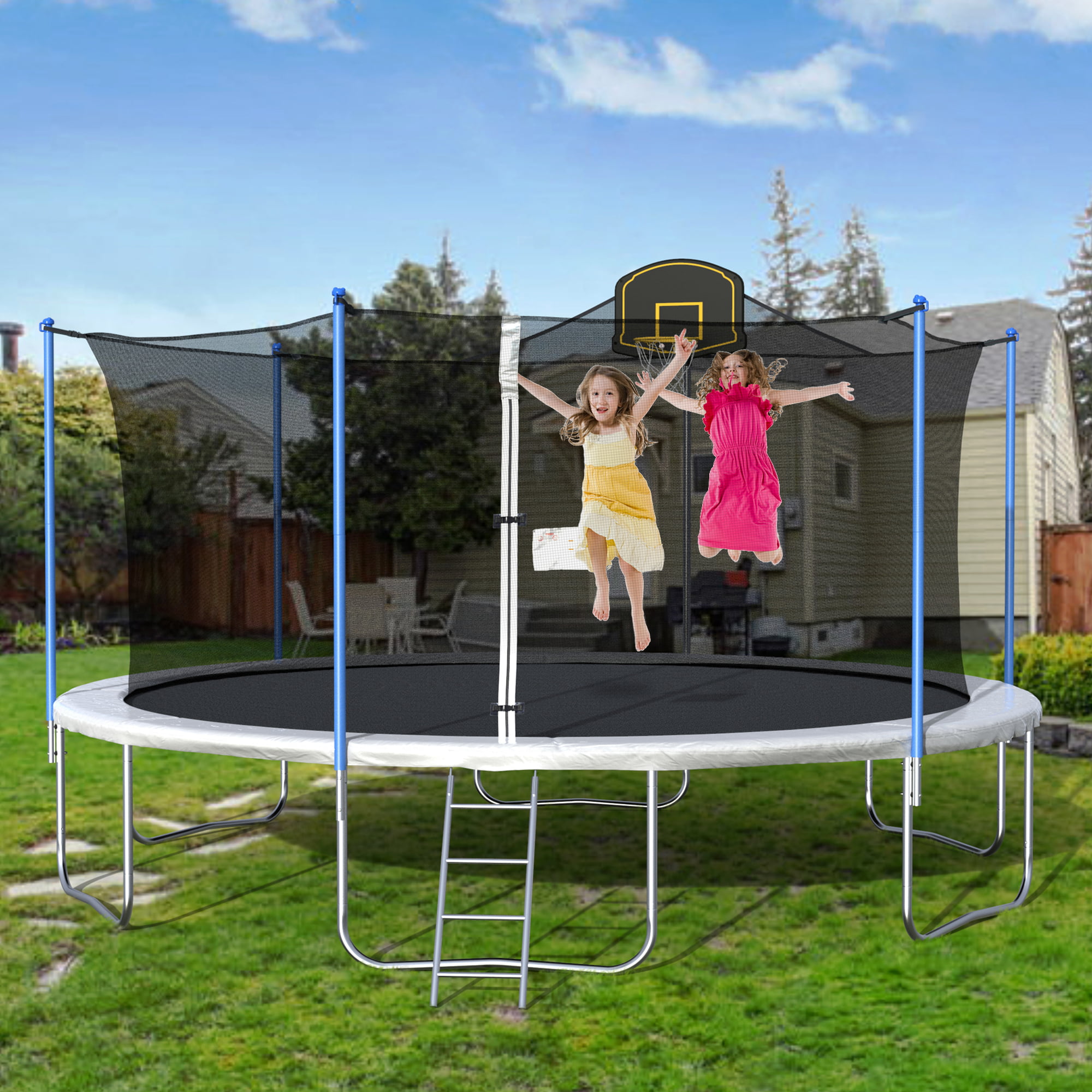 Trampoline with Basketball Hoop for 3-8Yrs Kids, 2021 Upgraded 16FT Trampoline Activity Center w/Backboard Enclosure Net Jumping Mat, Safety Spring Cover Padding, Basketball Hoop & Ladder, S5958