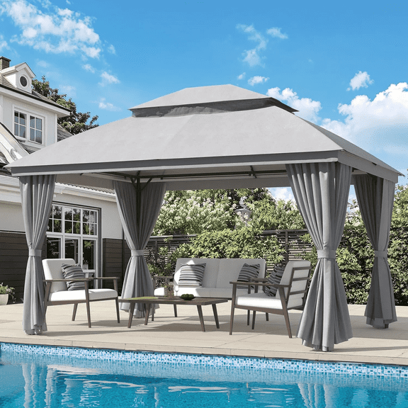 Vitarpatio 10'x13' Outdoor Gazebo with Mosquito Netting and Privacy Curtains, Metal Patio Grill Gazebo Sunshade Canopy Poolside Tent with Ventilated Double Roof