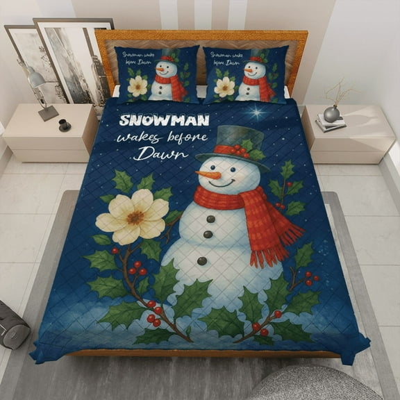Snowman Wakes Before Dawn Quilt Bedding Set - Festive Winter Holiday Quilt Bed Set with Snowman, Holly & Magnolia Design for Christmas Bedroom Décor