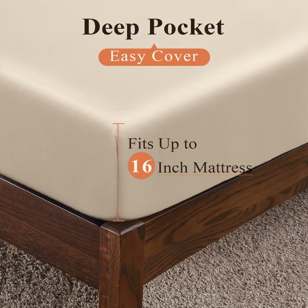 Shunjie.Home 100% Bamboo Fitted Sheet Only Queen Size, 400 Thread Count, 16" Deep, Super Soft, Beige