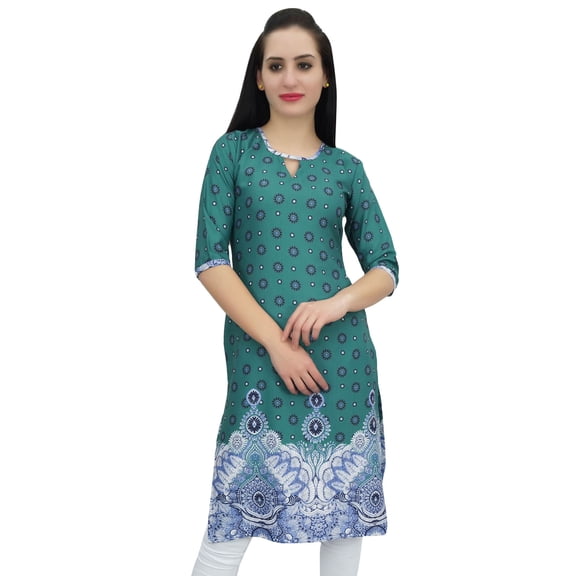 Bimba Women's Green Printed Tunic Georgette Kurti Kurta Indian Long Blouse-22