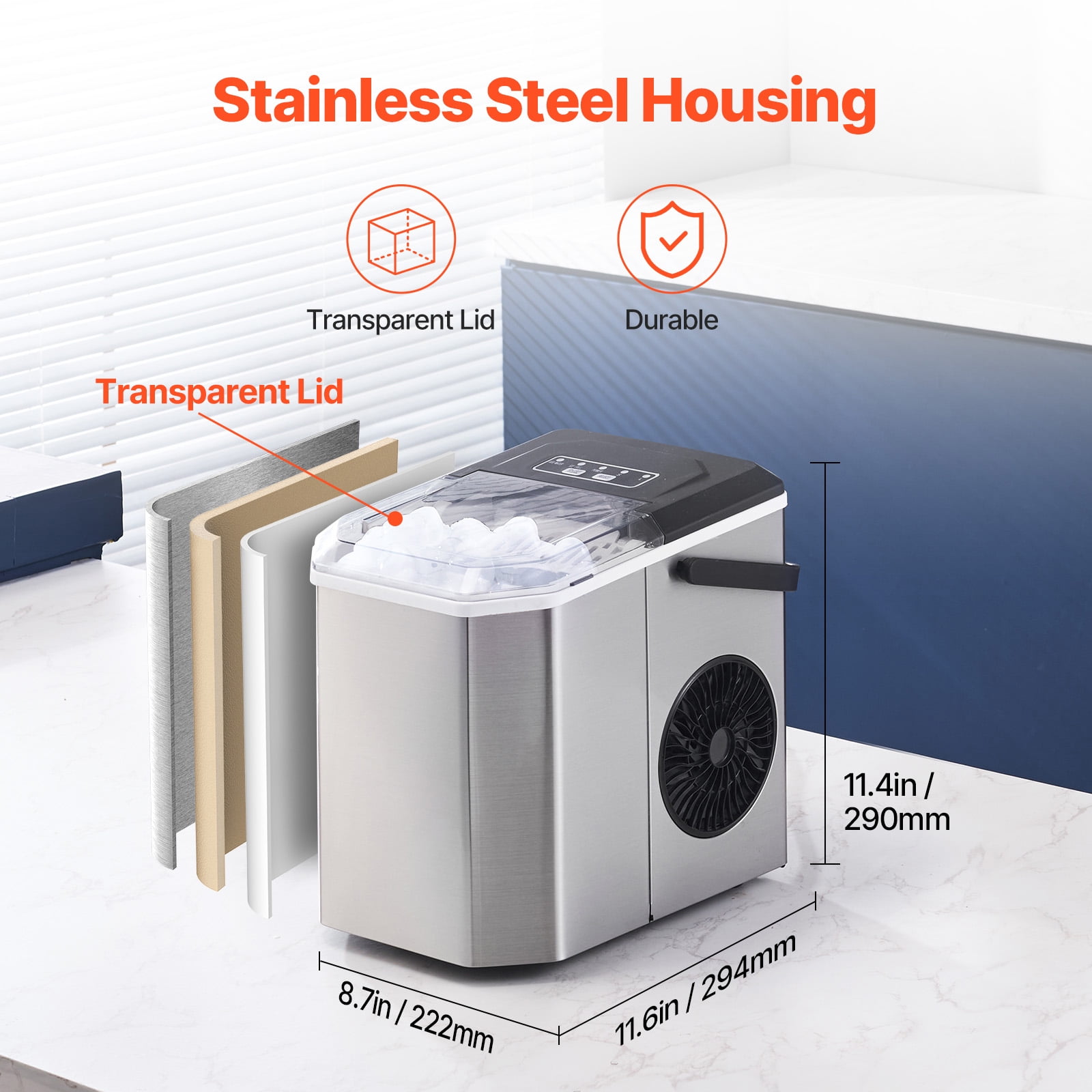 KFFKFF Countertop Ice Maker Portable Ice Maker Self-Cleaning Portable Ice Maker 26 lbs/24 H with Ice Scoop & Drip Tray with 2 Sizes Bullet Ice