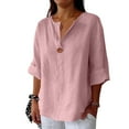 thumbnail image 1 of Qcmgmg Chemises en Lin pour Femmes Manches 3/4 2025 Col en V Hauts Tunique Décontractée Bouton Vacances d'Été Blouse Rose m, 1 of 5
