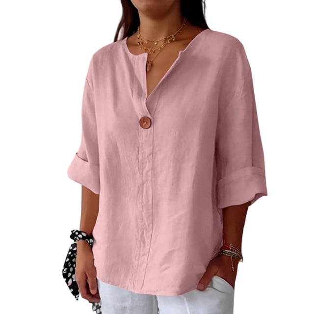 Qcmgmg Chemises en Lin pour Femmes Manches 3/4 2025 Col en V Hauts Tunique Décontractée Bouton Vacances d'Été Blouse Rose m